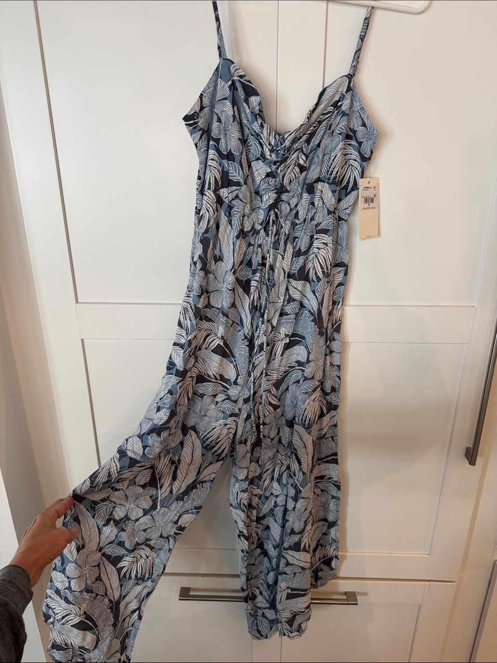 O'Neill Navy and Light Blue Tropical Print Wide-Leg Jumpsuit